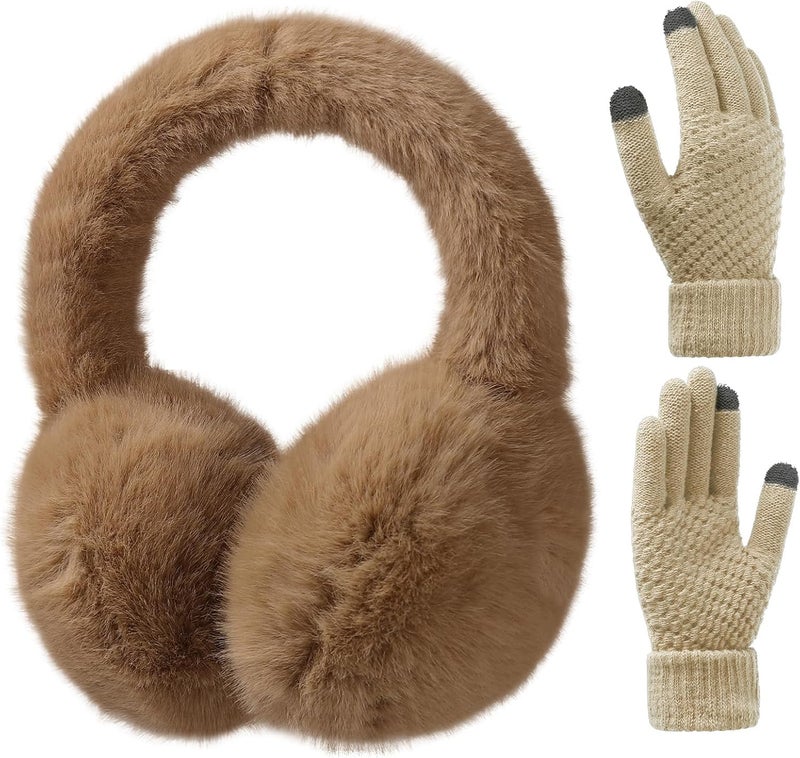 KDVOG Store Women Winter Ear Muffs Gloves Set Girls Fluffy Earmuffs Cold Weather Faux Fur Ear Warmers Touch Screen Gloves - Image 1